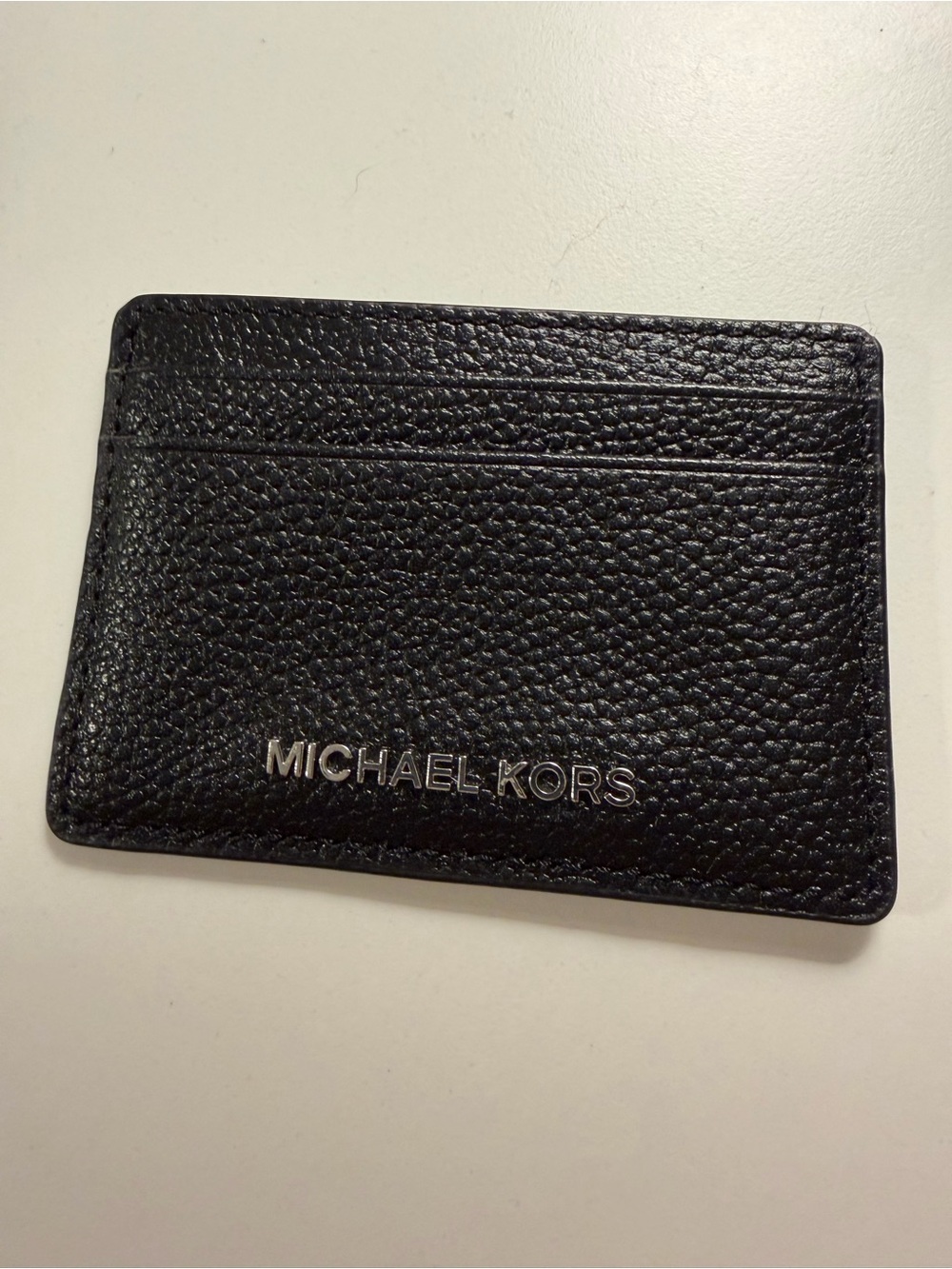 Michael Kors Black Pebbled Leather Slim Card Case with Silver Logo